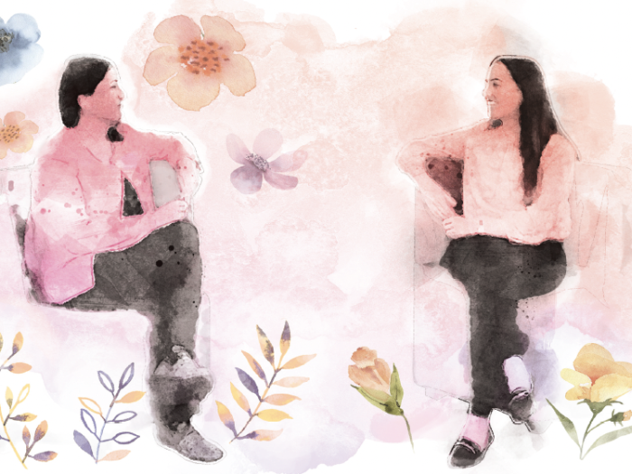 Watercolor illustration of two women in conversation sitting in chairs and facing each other. 