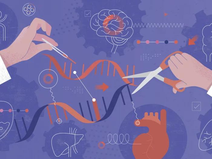 cutting dna strings scientist white coat purple background