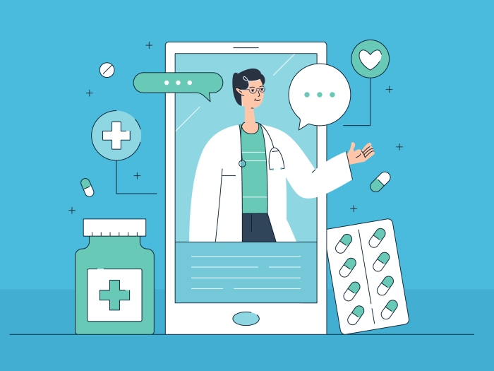 Illustration of physician with prescriptions, indicating online options