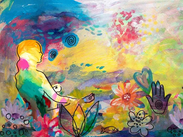 artistic and colorful graphic of a person meditating in nature