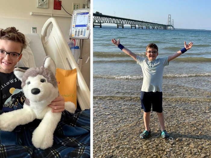 Boy poses with stuffed husky dog toy and on a beach with arms raised