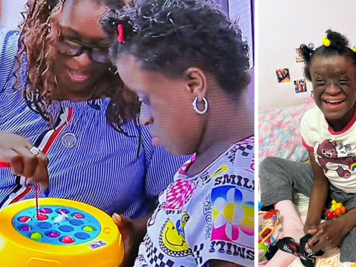 A child and her mom play with a toy and in another image, child sits on her bed smiling