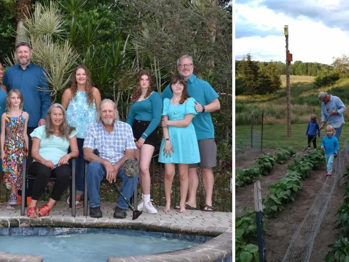 Don Reynolds, seated at right, and his family gather together. Reynolds can garden with his grandchildren after a successful treatment with Pluvicto. Photos courtesy of the Reynolds family