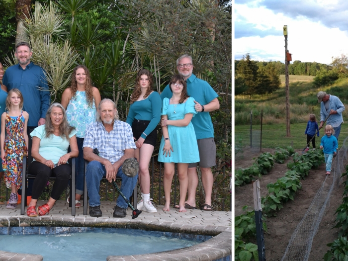 Don Reynolds, seated at right, and his family gather together. Reynolds can garden with his grandchildren after a successful treatment with Pluvicto. Photos courtesy of the Reynolds family