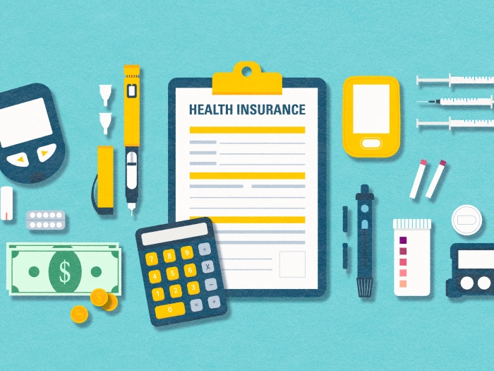 Graphic with diabetes management supplies, a clipboard that reads health insurance, a calculator and money