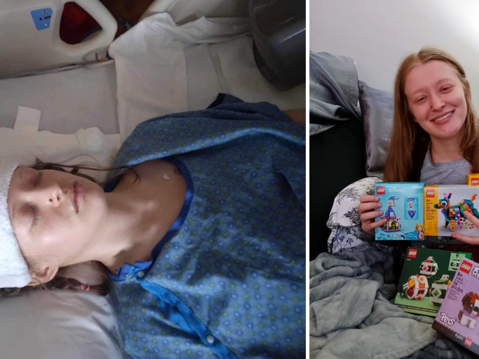Patient lies in hospital bed after surgery with bandage on head, displays toys later after recovery