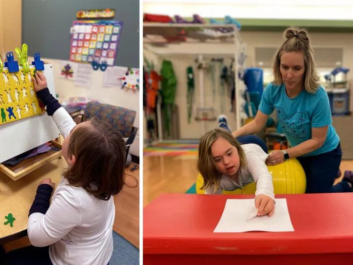 Girl participates in rehab activities, playing with shapes on a board and using an exercise ball