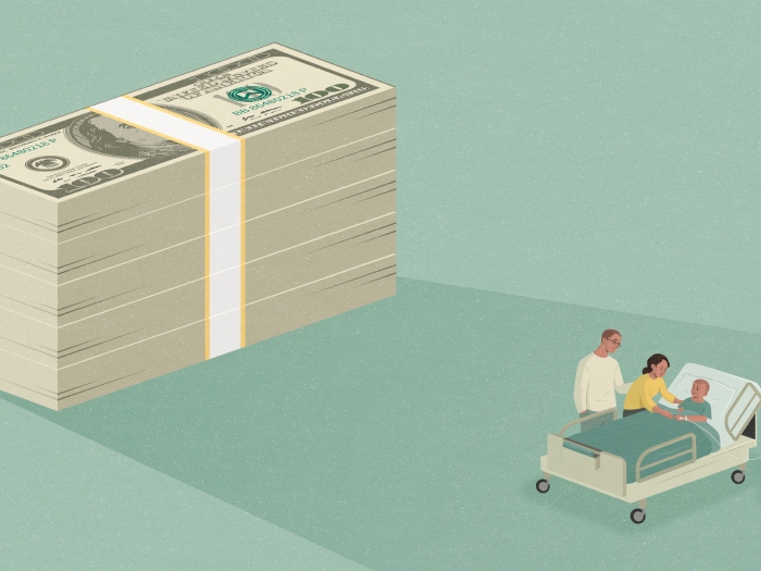 illustration of large pile of cash bills casting a shadow on parents next to a child in a hospital bed