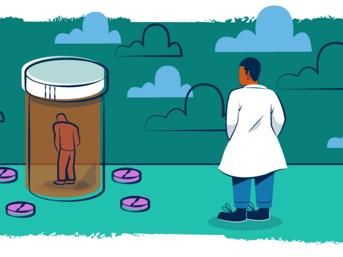 Illustration of doctor pictured outside a pill bottle that houses a bent-over figure with pills lying on the ground