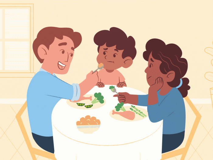 Moving illustration of family at the dinner table eating healthy diet