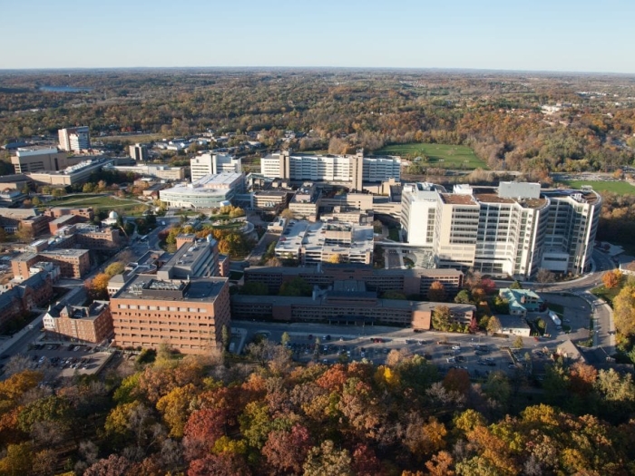 Aerial view of U-M Health and surrounding in Ann Arbor, Michigan.