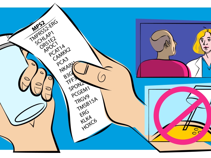 Illustration of hand holding list, with pill bottle in opposite and and small pic of doctor talking to patient