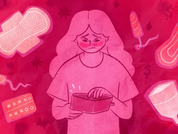 Illustration in red and pink hues of a teen girl embarrassed she doesn't have money in her wallet for period-related products