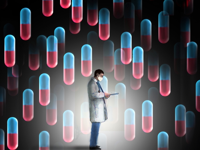 pills floating blue pink dark background physician in middle looking at chart white coat scrubs