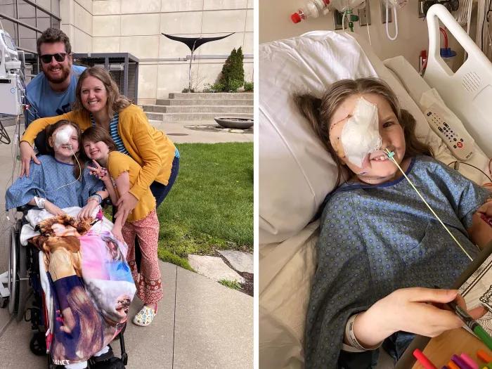 daughter with family in wheel chair and IV pole and daughter with eye covering in picture on right