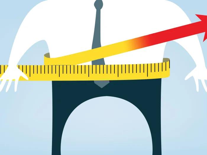 measuring band around cartoon person waist with tie and red arrow pointing high baby blue background