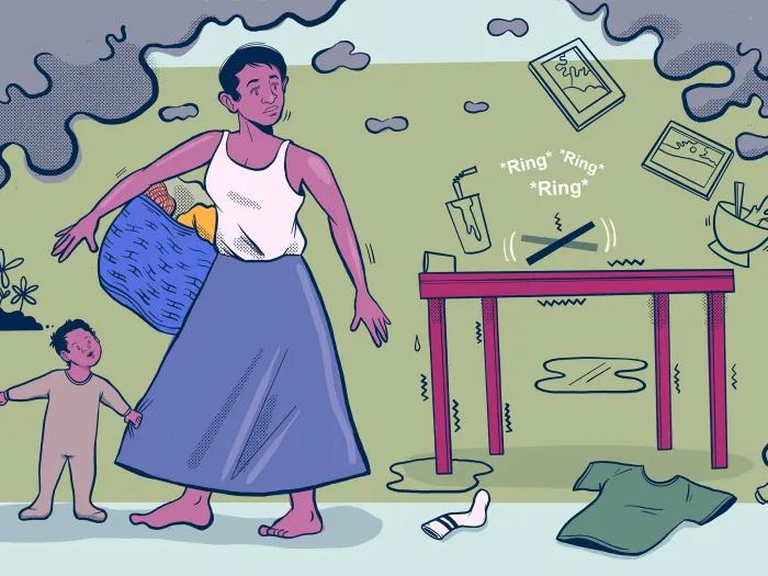 woman walking around with laundry and kid pulling on her skirt and phone ringing with black smoke on both edges of room and house mess with green background