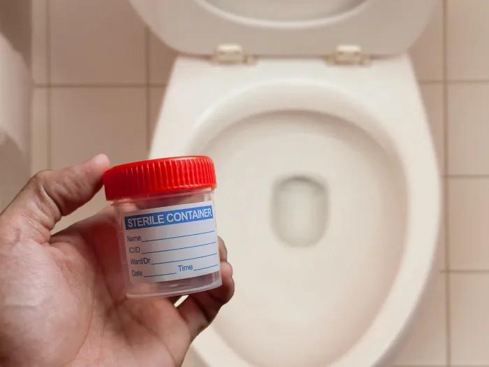 cup sample with orange top in front of toilet