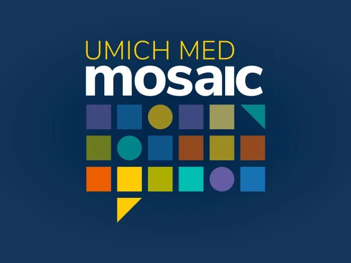 UMich Med Mosaic on blue background with colorful geometric shapes