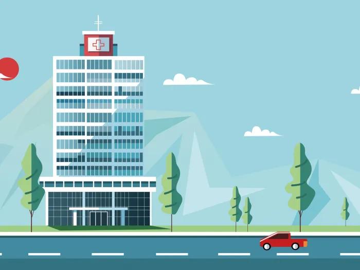 graphic drawing of hospital with road in front of it with red car driving