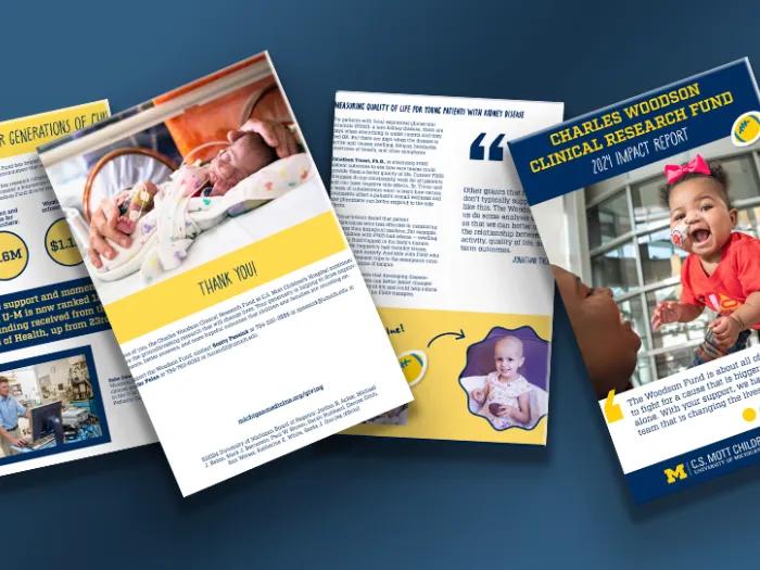 Collage of four Woodson Fund impact reports featuring photos of children and information about the impact of the fund on medical research.