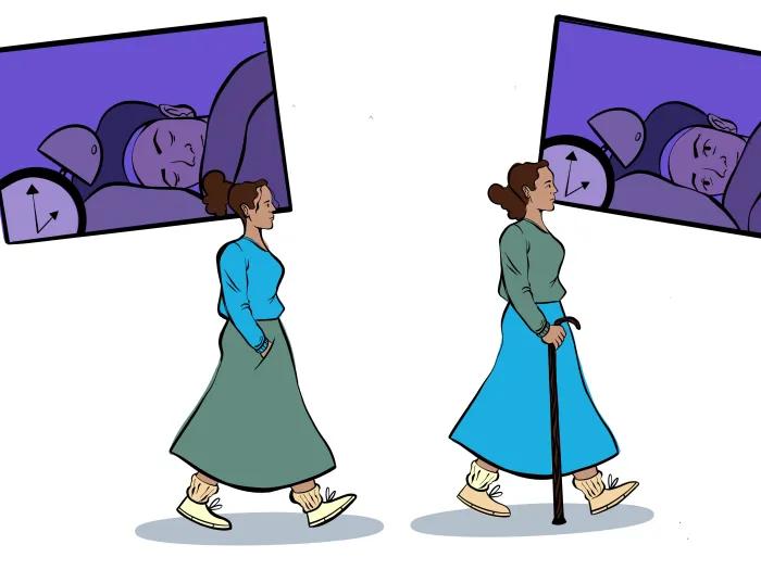 woman walking sleeping in photo above her. 