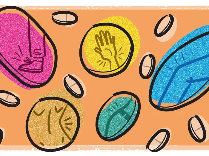 drawing on orange background of colorful pills floating with body parts in them in pain