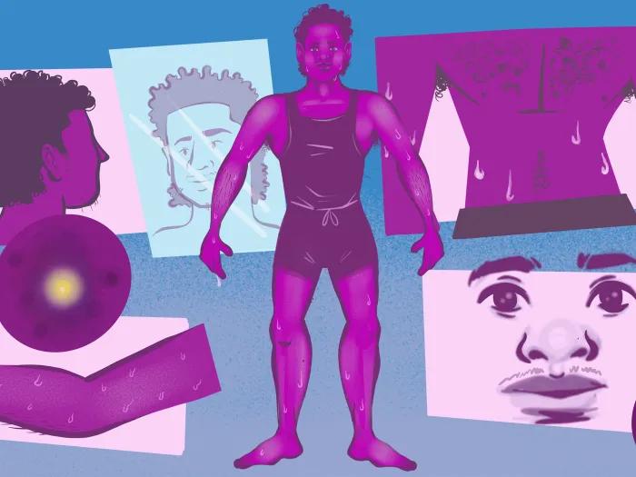 man in different phases of puberty drawn purple blue