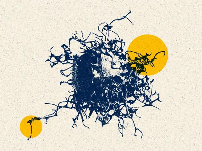 cancer cell drawing in blue ink on off white background with floating yellow dots two of them