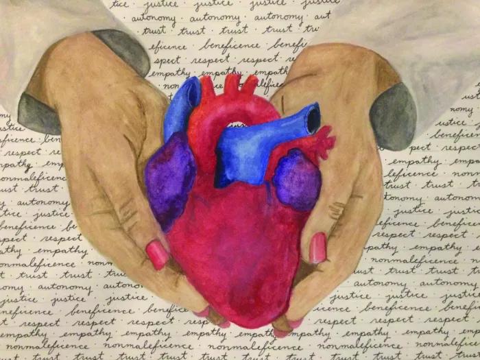Drawing of hands holding an anatomical heart. The background of the image is covered in cursive writing.