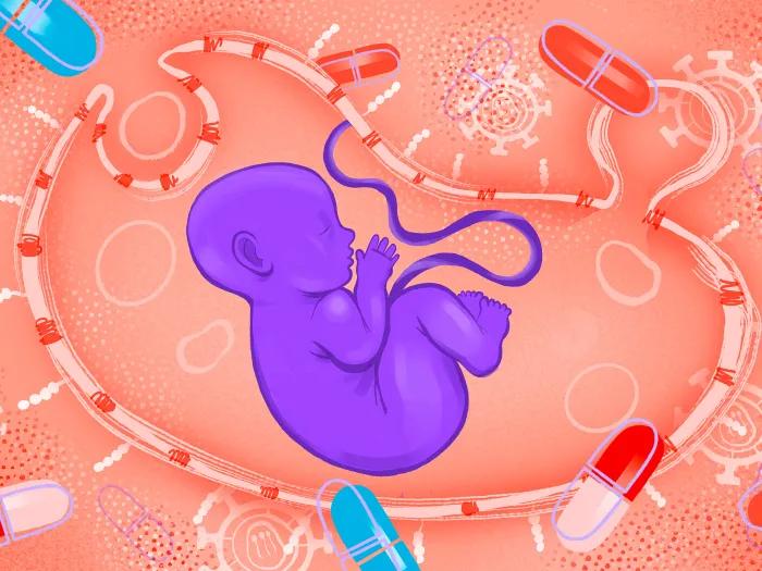 orange background purple baby in middle pills floating in red white and blue