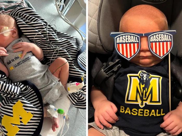 baby on bed with michigan blanket and then baby on right with sunglasses on with michigan baseball logo onsie
