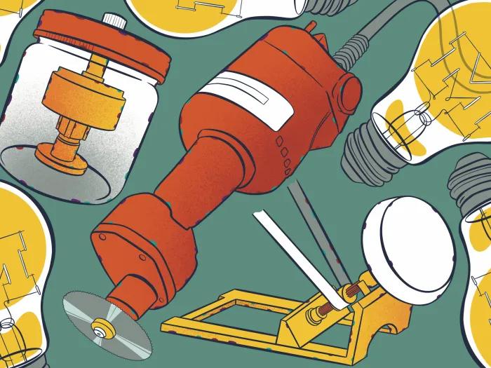 illustration of various inventions and lightbulbs with block Ms inside