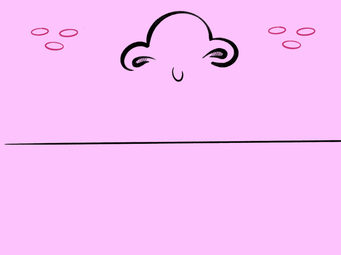 Pink face with mouth that opens to show teeth with working figures displayed.