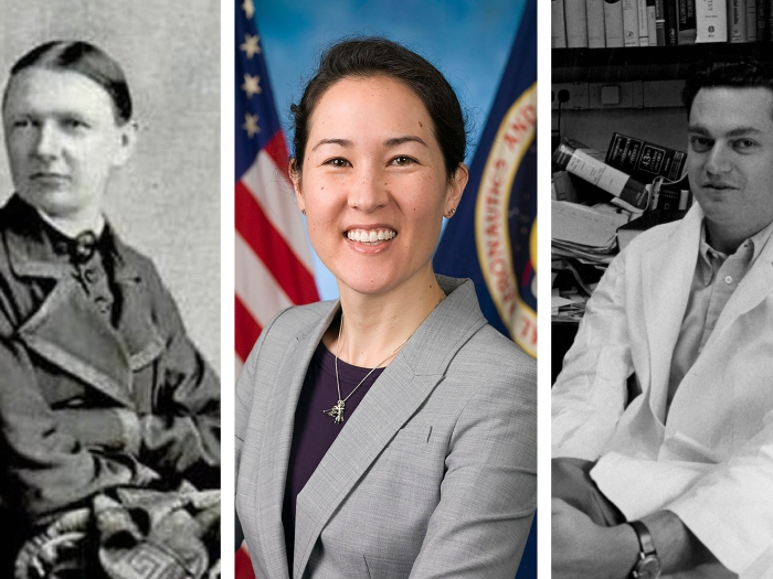 Collage from left to right of Elizabeth Bates, Natacha Chough, and Marshall Nirenberg