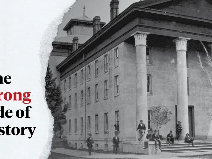 old building with men standing in front. On the left is a torn piece of paper with "The wrong side of history" on it
