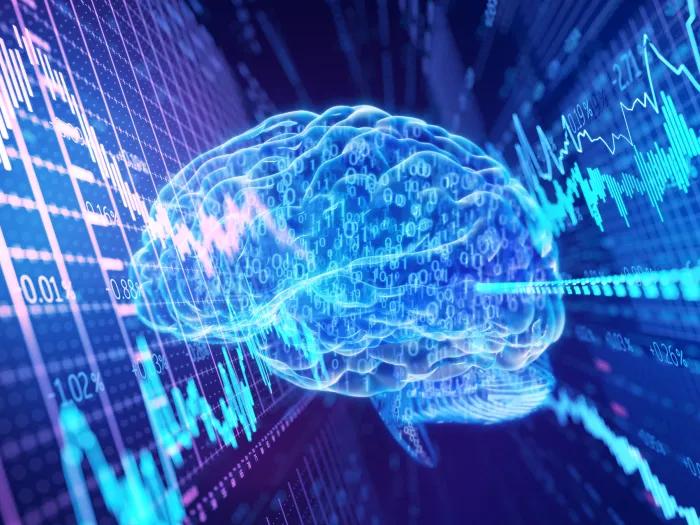 brain bright highlighter blue and lines on a monitor on each side 