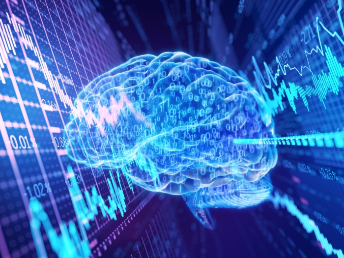 brain bright highlighter blue and lines on a monitor on each side 