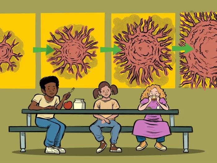 cells floating above brown green background kids underneath