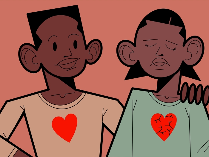 drawing of two people with one having hand over shoulder of other who has a full red heart and the other having a broken heart and appearing sad darker on pink background
