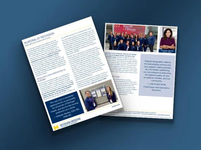 Two pages of a Michigan Medicine nursing impact report are displayed on a blue background, featuring text about nursing excellence, group photos of nurses, a testimonial, and a quote highlighting Magnet designation.