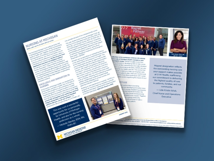 Two pages of a Michigan Medicine nursing impact report are displayed on a blue background, featuring text about nursing excellence, group photos of nurses, a testimonial, and a quote highlighting Magnet designation.