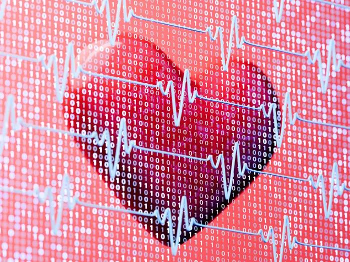 red heart on monitor see through with blue lines