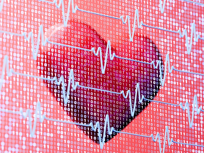 red heart on monitor see through with blue lines