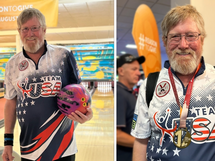 side by side photo of man with USA colors on and medal and holding a bowling ball