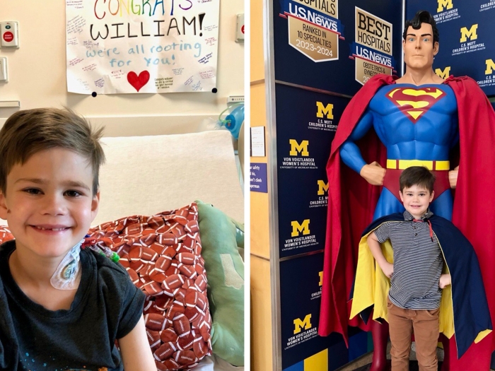 kid smiling on left and superman statue little boy infront of it
