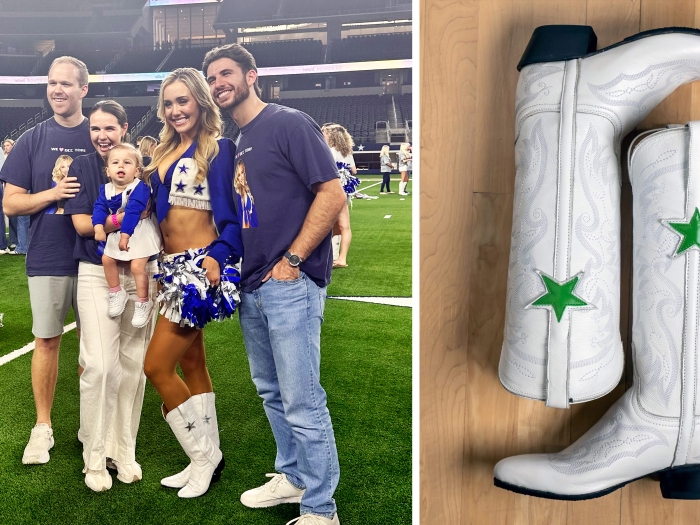 dallas cheerleader with parents and baby and boots on right in white with green star