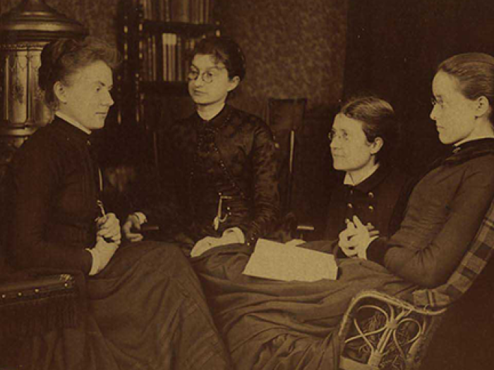 Four 1880s female graduates of the U-M Medical School -  Dr. Bertha Van Hoosen ('88), Dr. Josephine Dorr Blake ('87), Dr. Elizabeth Farrand ('87), Dr. Esther Clara Herrick Brooks ('86)