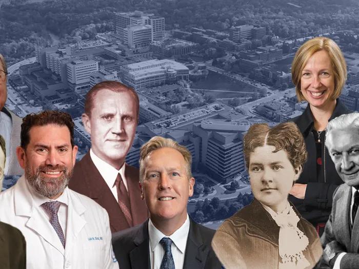 Collage of faces of alumni of the University of Michigan Medical School set against a background of the medical campus