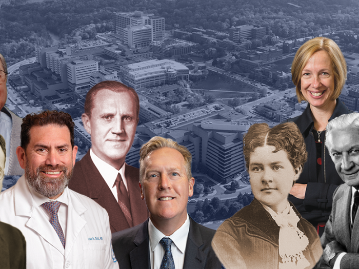 Collage of faces of alumni of the University of Michigan Medical School set against a background of the medical campus